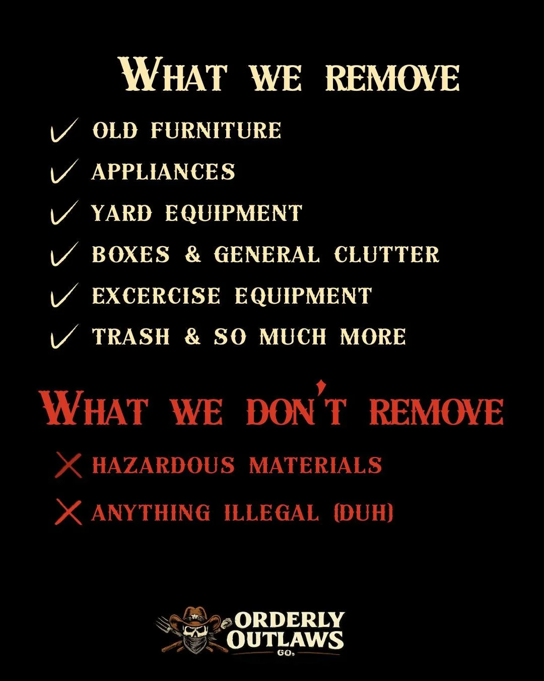 "Will you take this?"

We get asked this a lot. Here's the breakdown:

✅ WHAT WE REMOVE:
&bull; Old furniture (couches, dressers, tables, mattresses)
&bull; Appliances (fridges, washers, dryers, stoves, water heaters)
&bull; Yard equipment 
