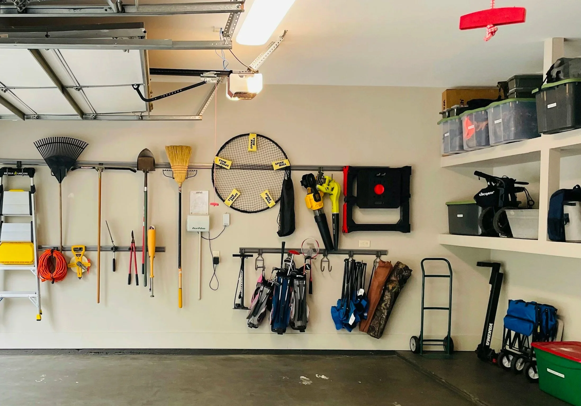Organized garage wall with tools, sports equipment, storage bins, and a ladder.