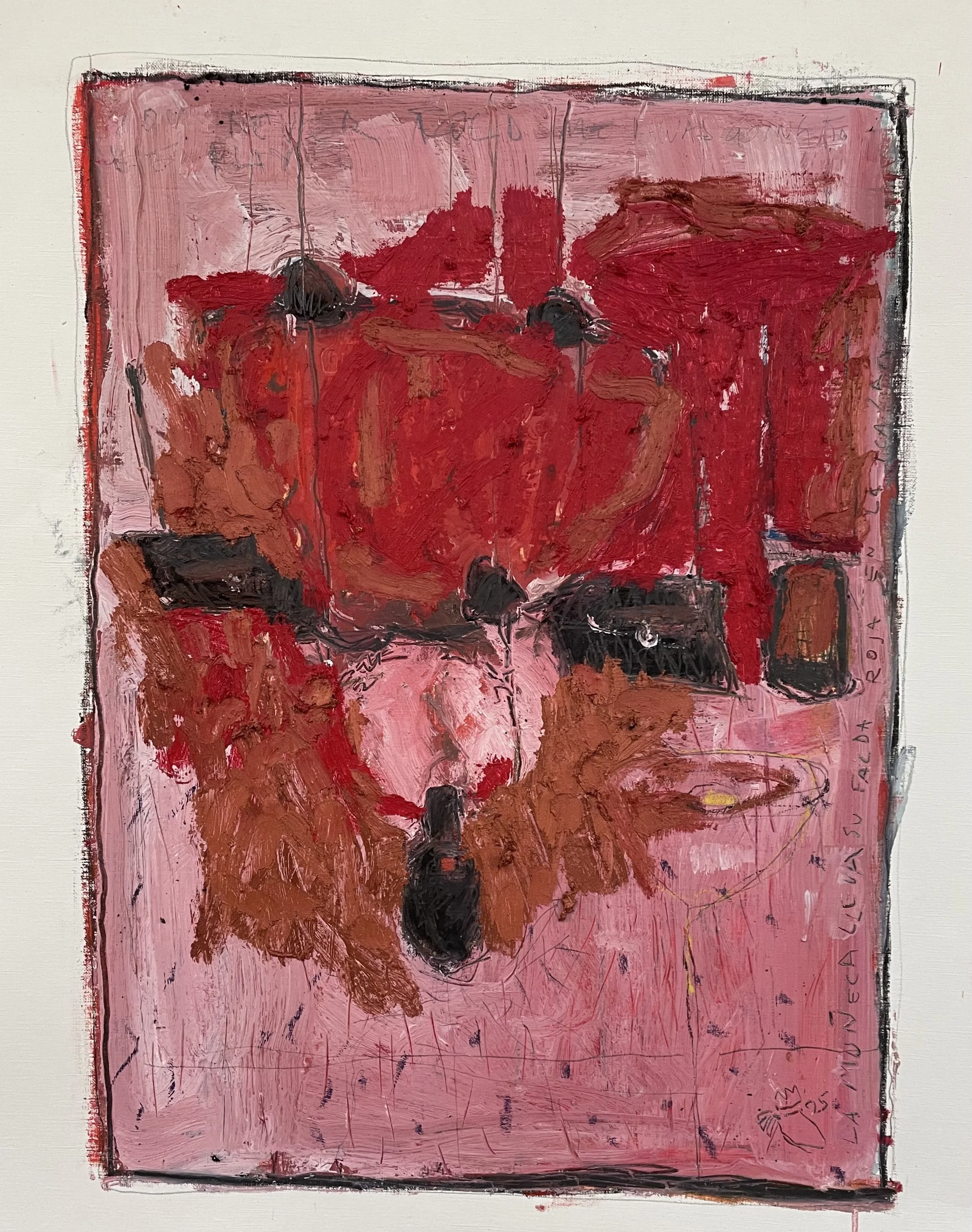 La muñeca pone su falda roja -- Oil & mixed on canvas paper 55*40