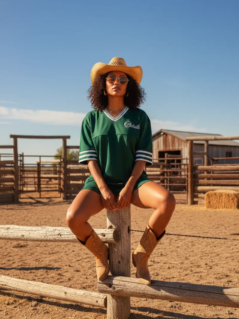 A woman in a green sports jersey, cowboy hat, sunglasses, and cowboy boots is sitting on a wooden fence post in a rural farm setting with barns and fencing in the background under a blue sky.