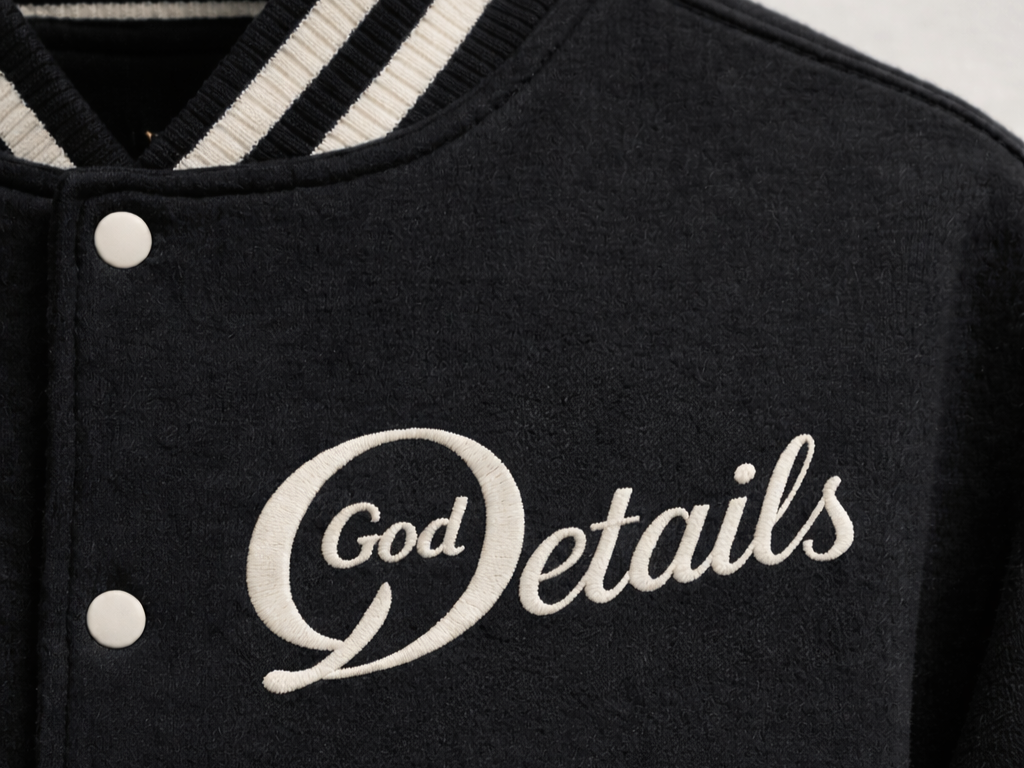 Close-up of a black varsity jacket with white buttons and a white embroidered logo that reads 'God Details'.