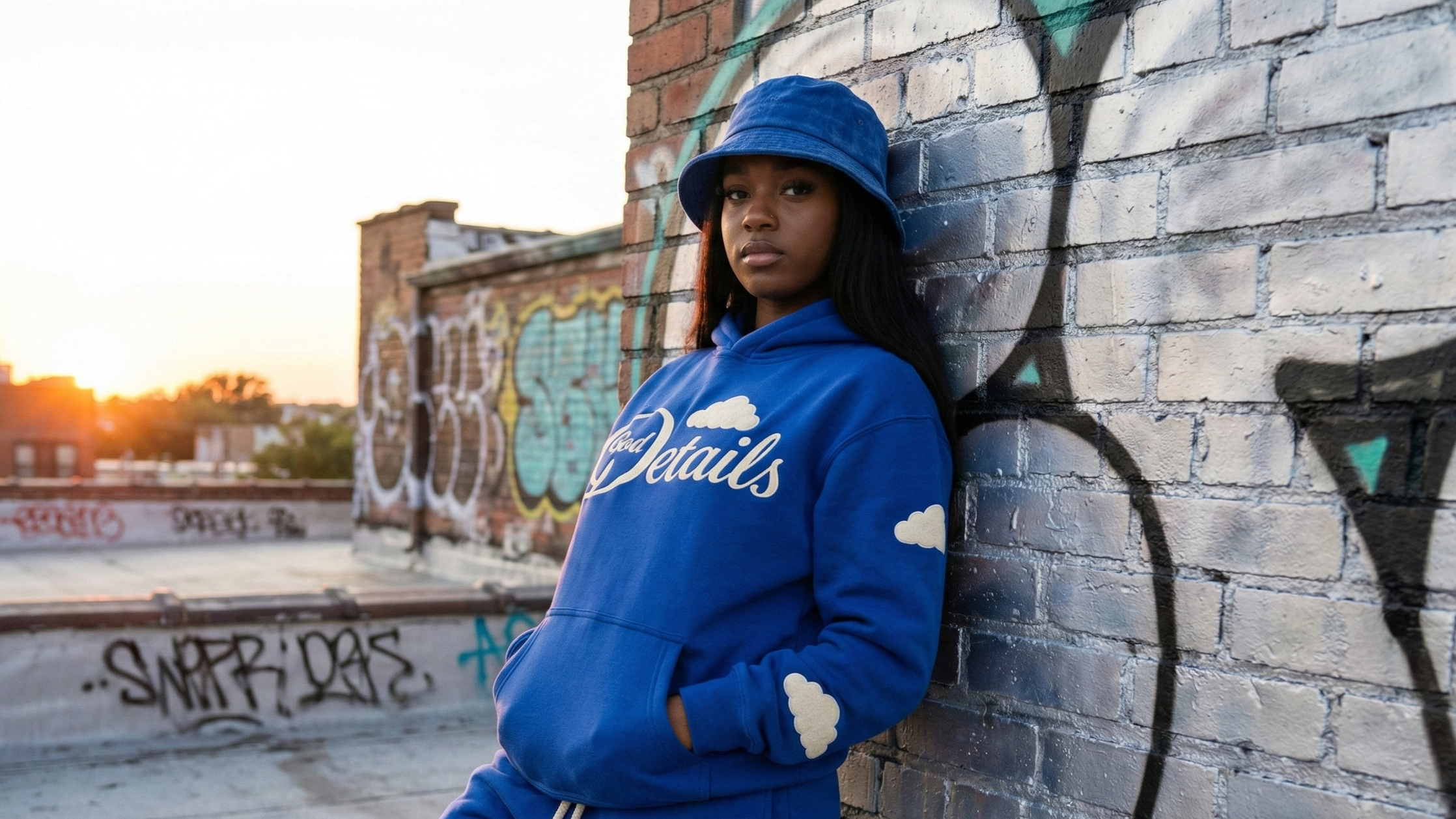 Young woman in blue hoodie and bucket hat leaning against a graffiti-covered brick wall on a rooftop during sunset.