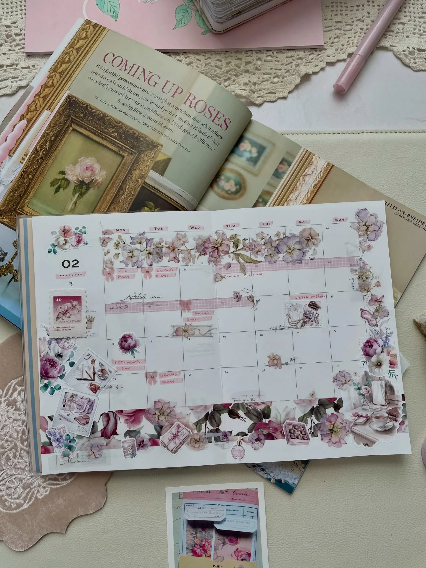 Welcome, February! Celebrating the season in my @ours.tw journal with as many rose-tinted florals and romantic details as I can get my hands on! This month holds several birthdays, a family visit, and one of my favorite holidays. What are you looking