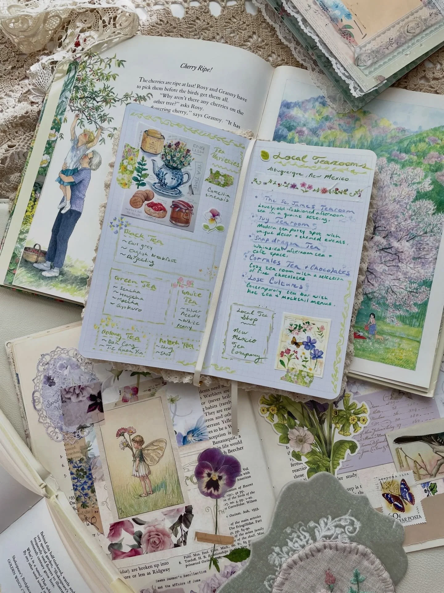 A sweet, cozy, cottagecore tea-themed spread in my bullet journal, featuring pretty pictures clipped from my Pinterest boards, spring posies, and a list of the local tearooms that I love to visit in my city for an afternoon of treats and conversation
