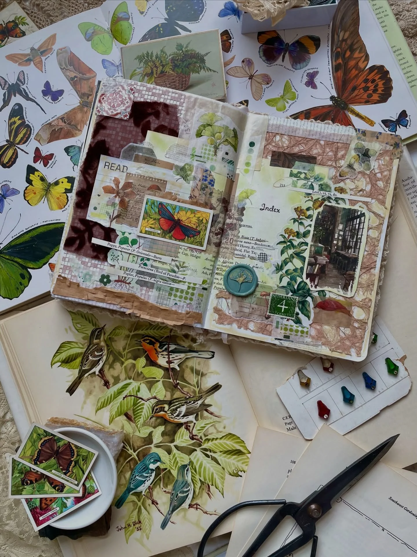 I got an order of 1930&rsquo;s cigarette cards in the mail yesterday. Each card has a beautiful, full color moth or butterfly illustration and this imagery inspired me to create a vintage naturalist-themed spread in one of my junk/scrap journals.

I&