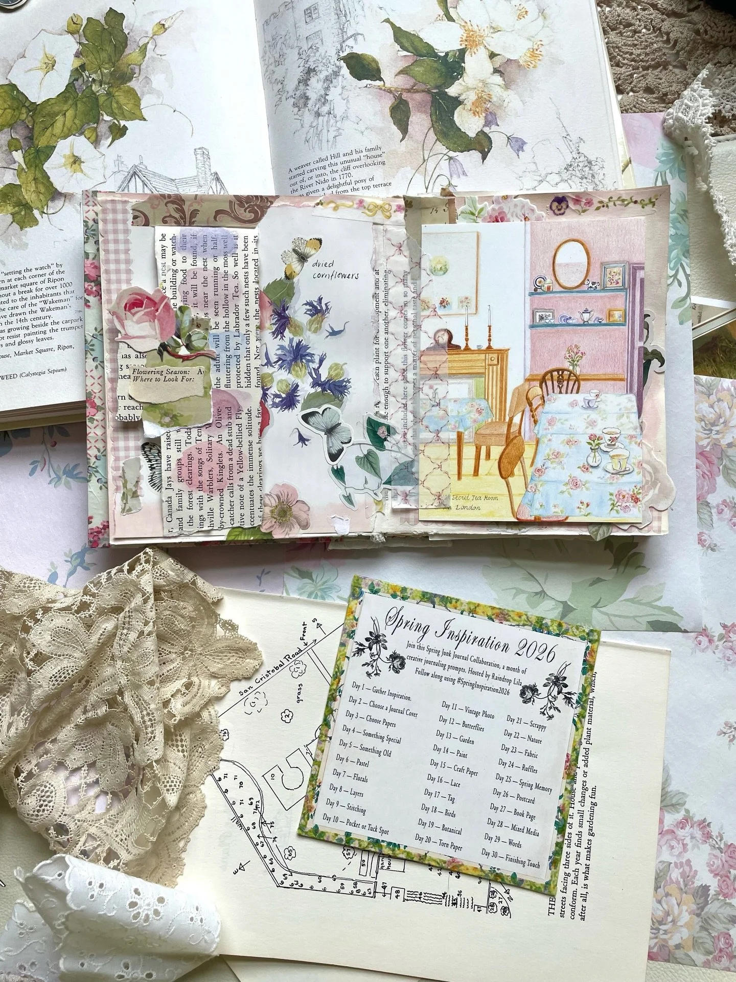 Combining the prompts for days 5 and 6 of #SpringInspiration2026 - &ldquo;Something Old&rdquo; and &ldquo;Pastel.&rdquo; I painted a soft pastel swatch card on an old vintage book page and added some floral scraps, stickers, and washi tape. Lastly, I