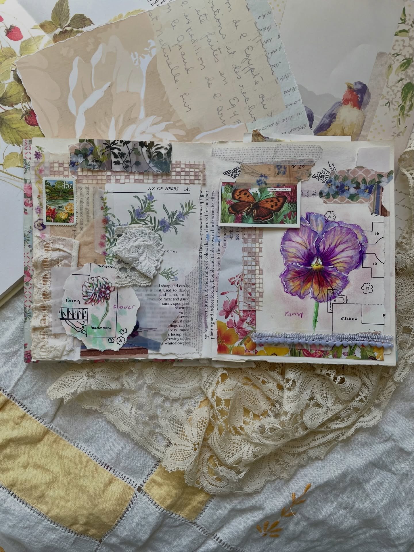 A new spread in my April junk journal for prompts 7, 8, and 9 of #SpringInspiration2026 - florals, layers, and stitching. I wanted to create some of my own floral designs for this set of prompts, so  I made a few drawings this week and used a pretty 