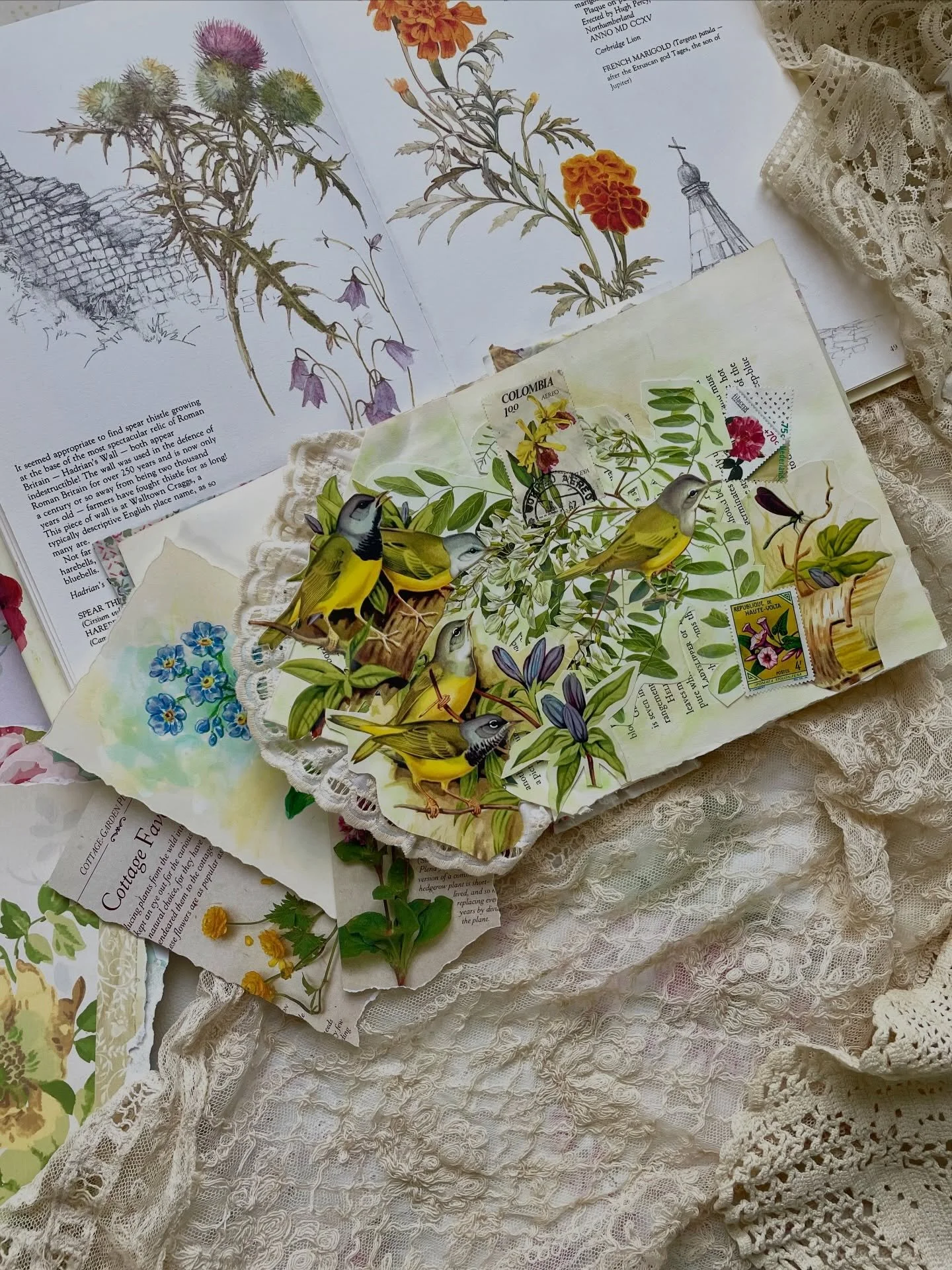 Catching up and skipping ahead today in the #SpringInspiration2026 prompts, focusing on day 10 (pocket or tuck spot), day 16 (lace) and day 18 (birds). I used a no-sew binding method to create this journal, and one of the nice features of this techni