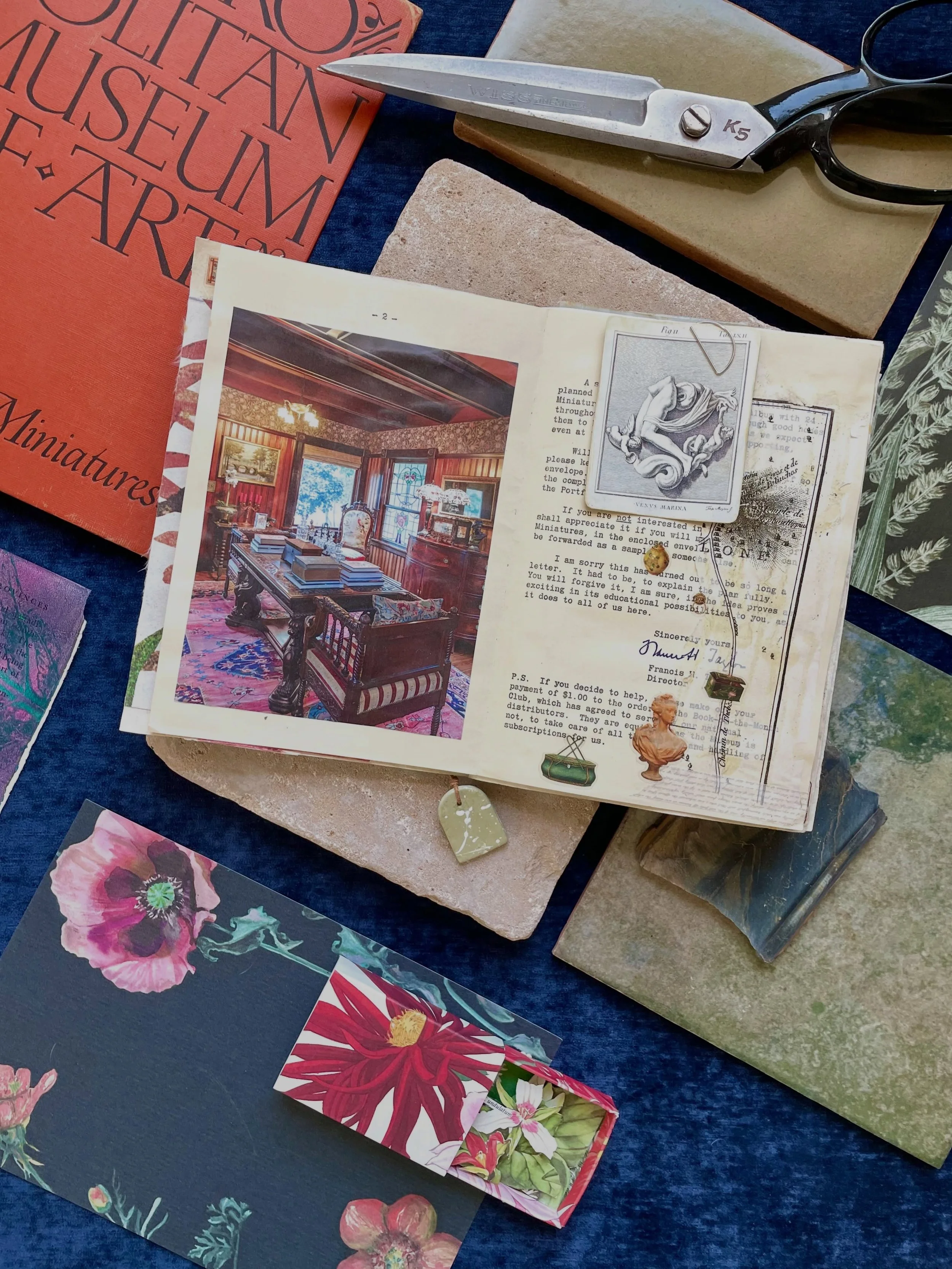 Antique-inspired journal pages and a little matchbook diorama filled with vintage field guide illustrations. I&rsquo;ve been experimenting recently with printing on tissue paper using freezer paper as a stabilizer, and it adds the perfect amount of t
