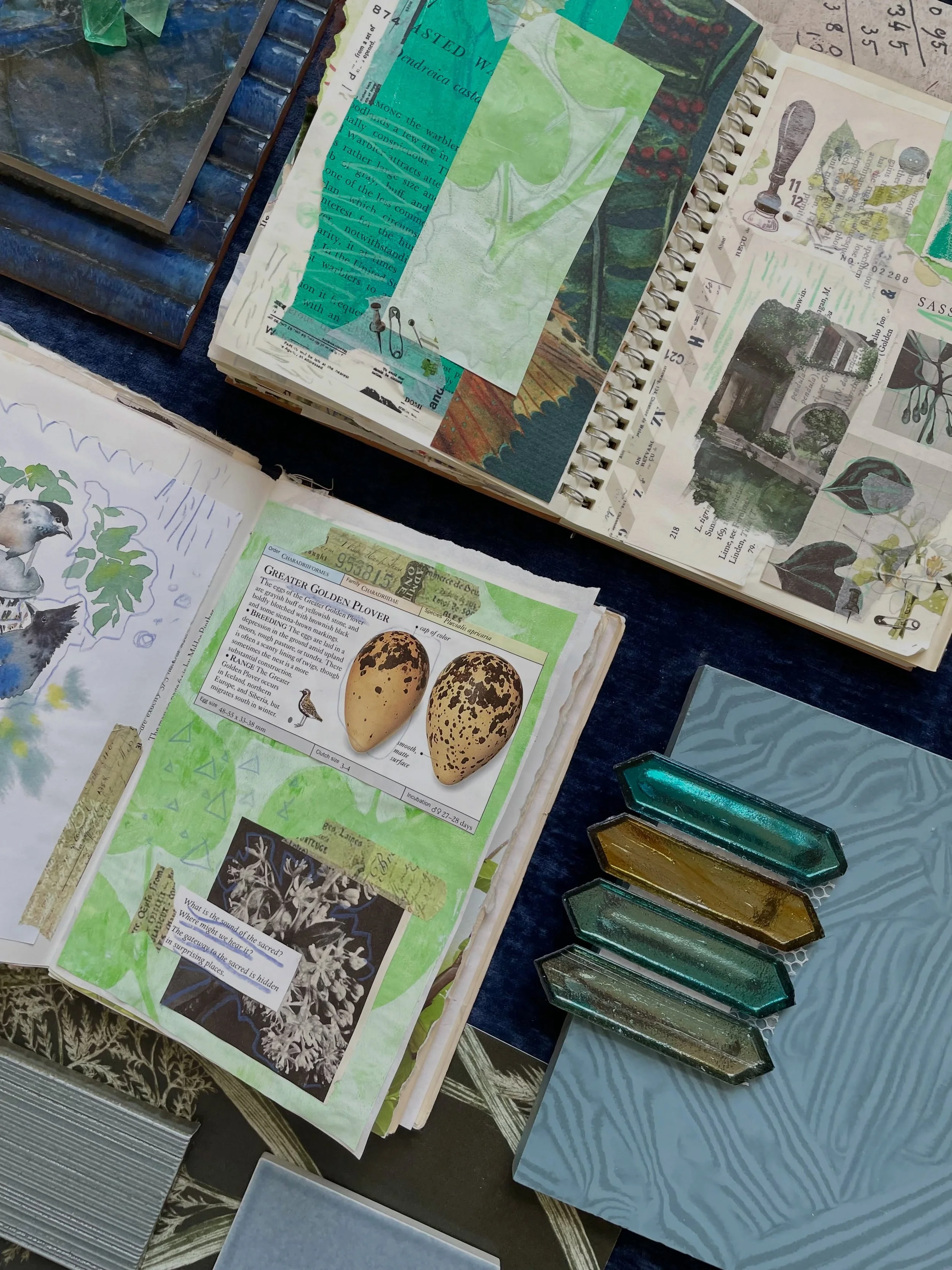 Recent junk journal pages. Leaning into bright, vivid greens and blues as we move into summer. 🦋🌱🪼🪲🐠 #junkjournaling #naturejournaling #scrapjournal