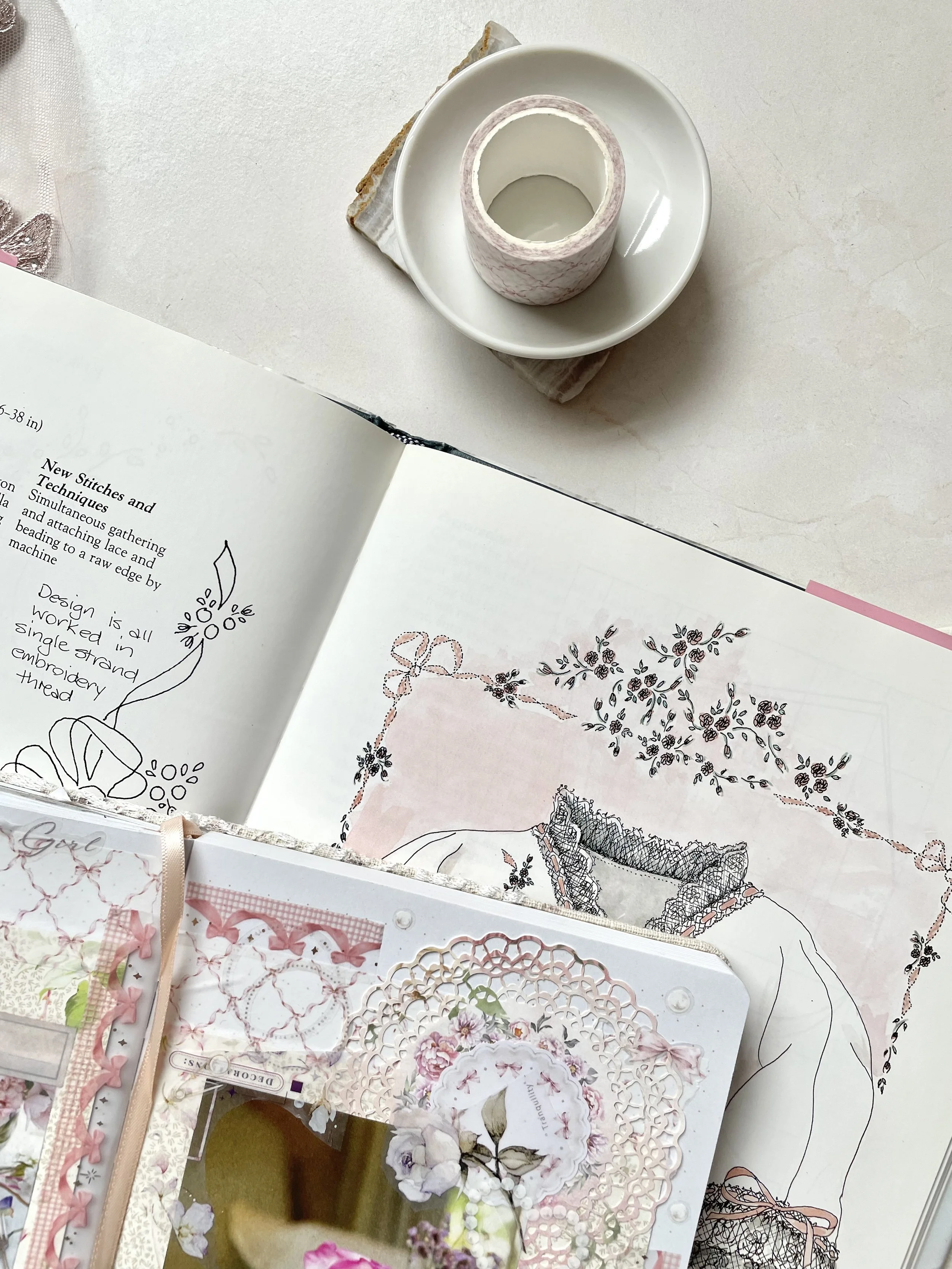 Flat lay photo of a pile of journals, books, and craft supplies