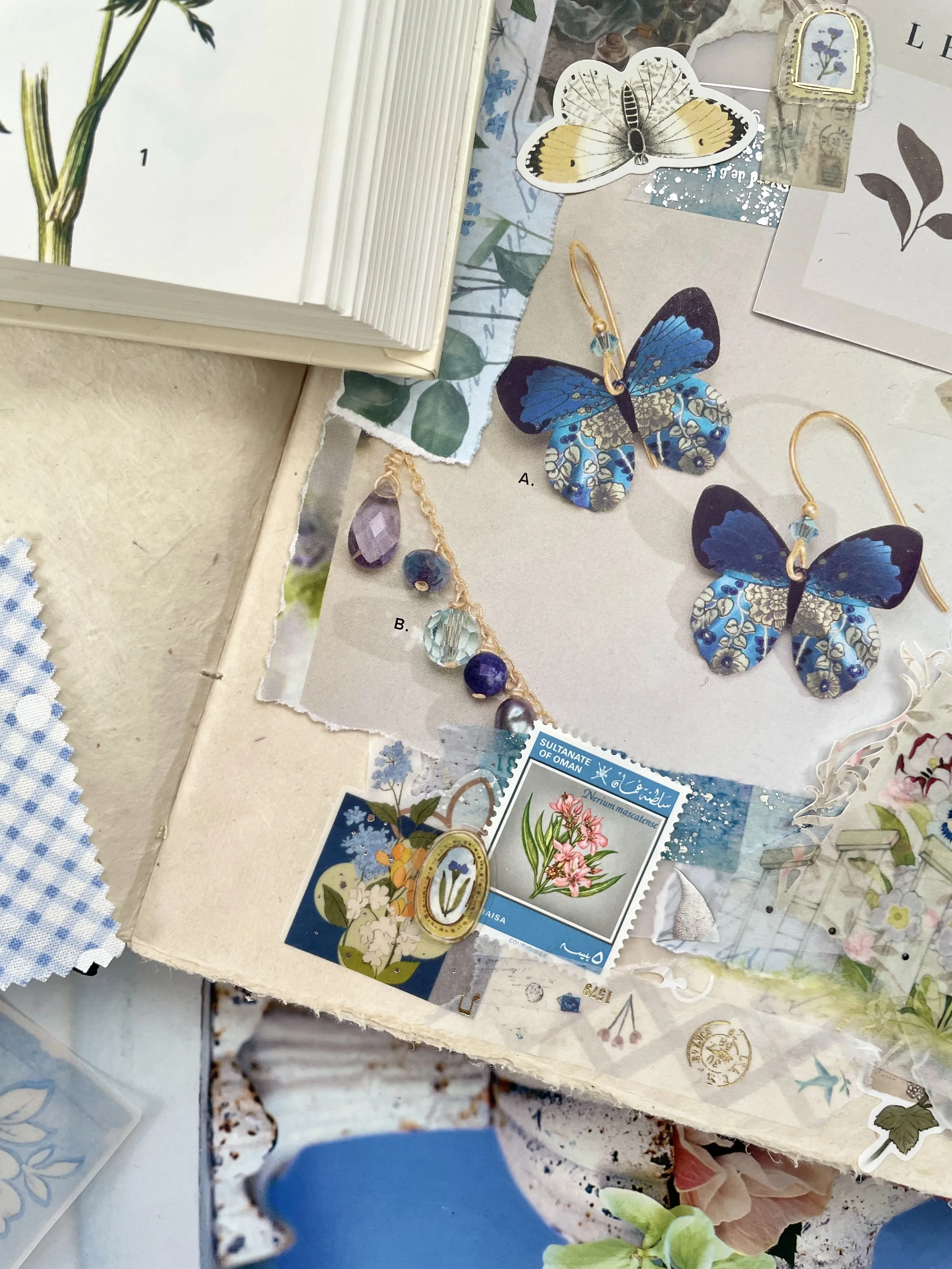 A detail image of a junk journal page with blue butterflies and florals
