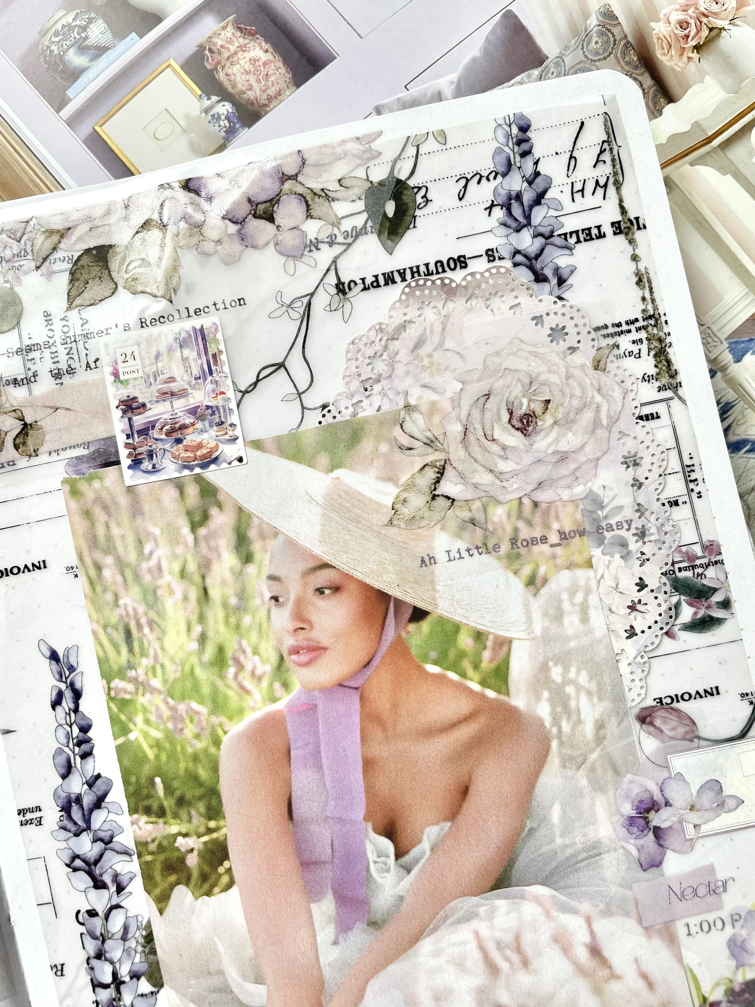 Detail image of a romantic lavender creative journal spread