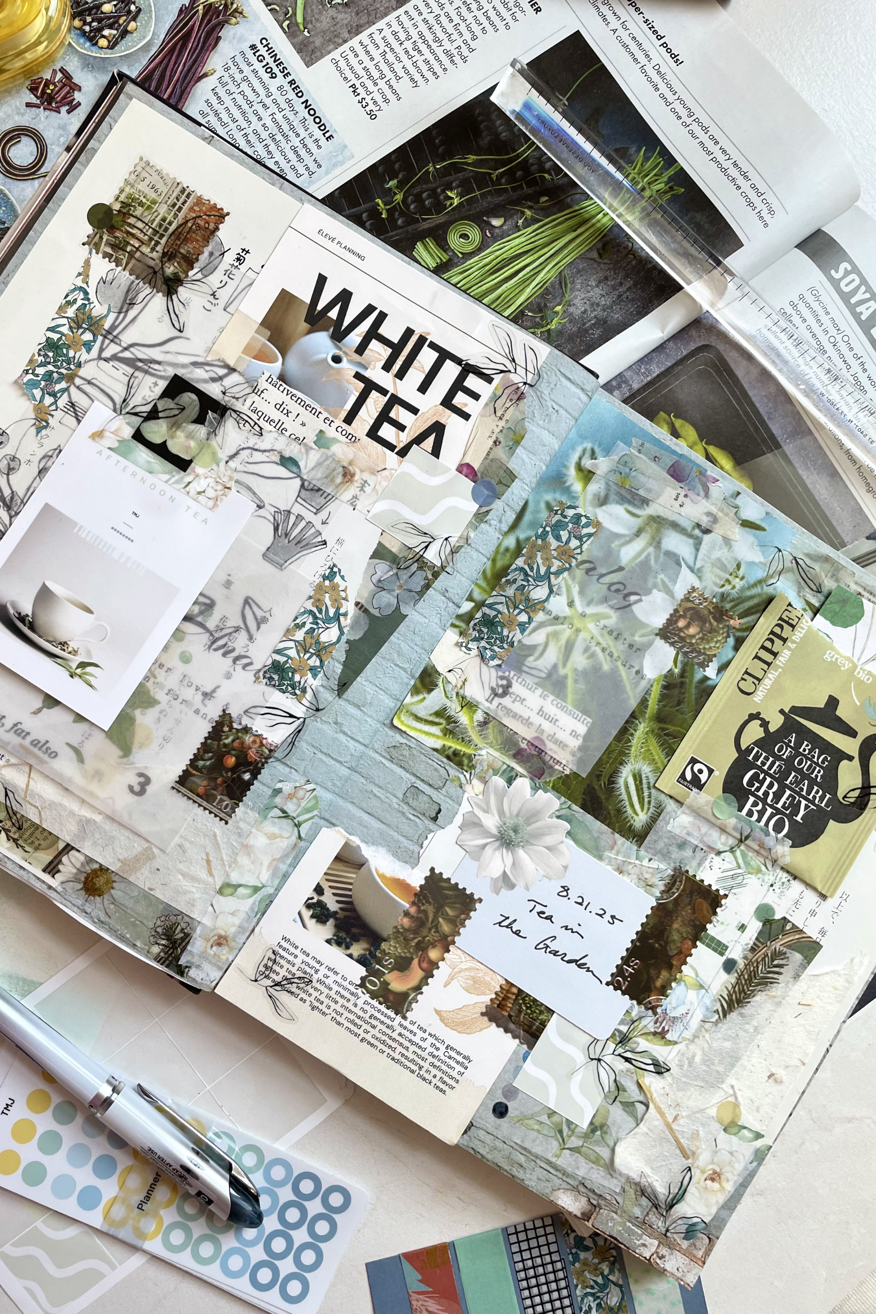 A tea themed junk journal spread