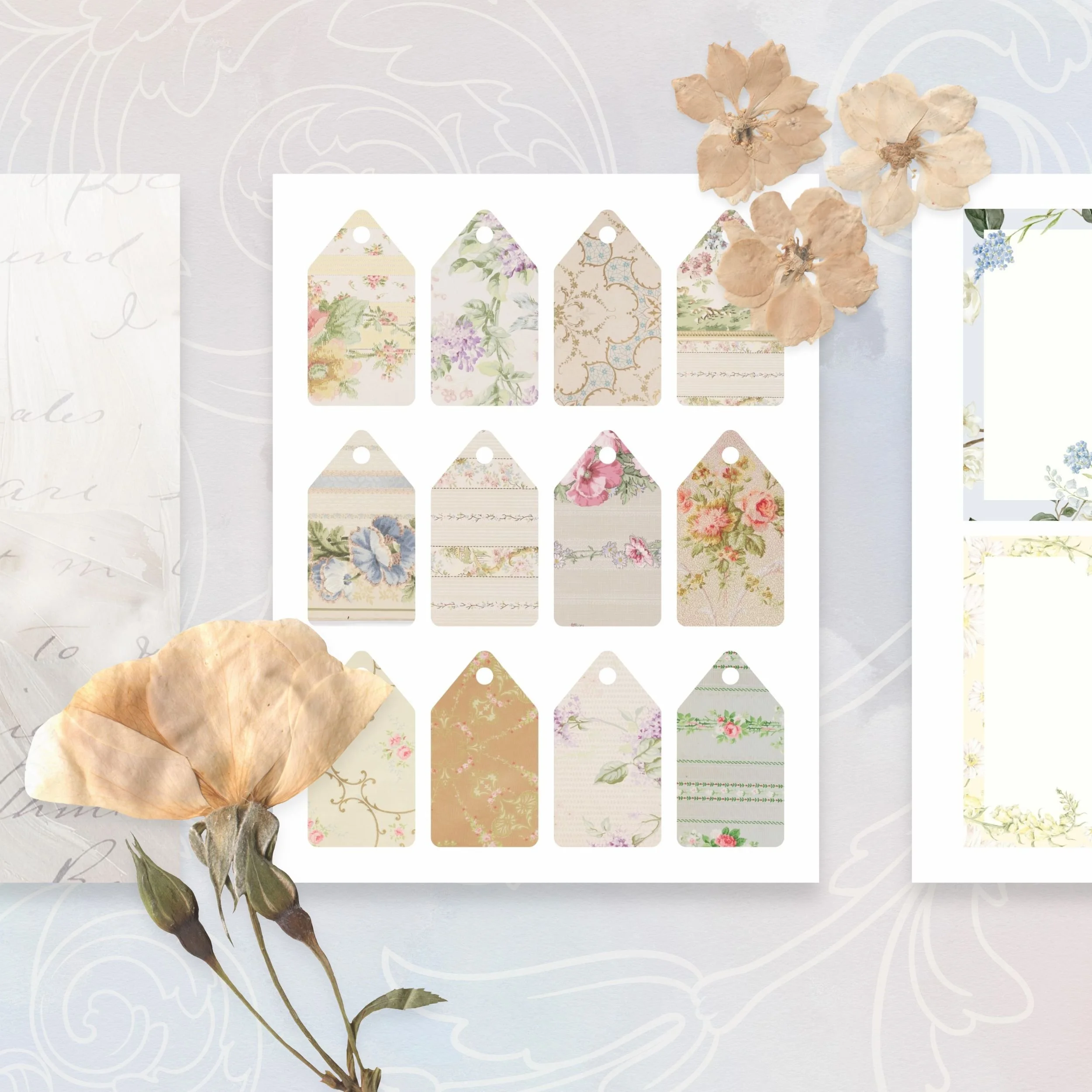 Mockup of free printable designs with romantic, vintage motifs