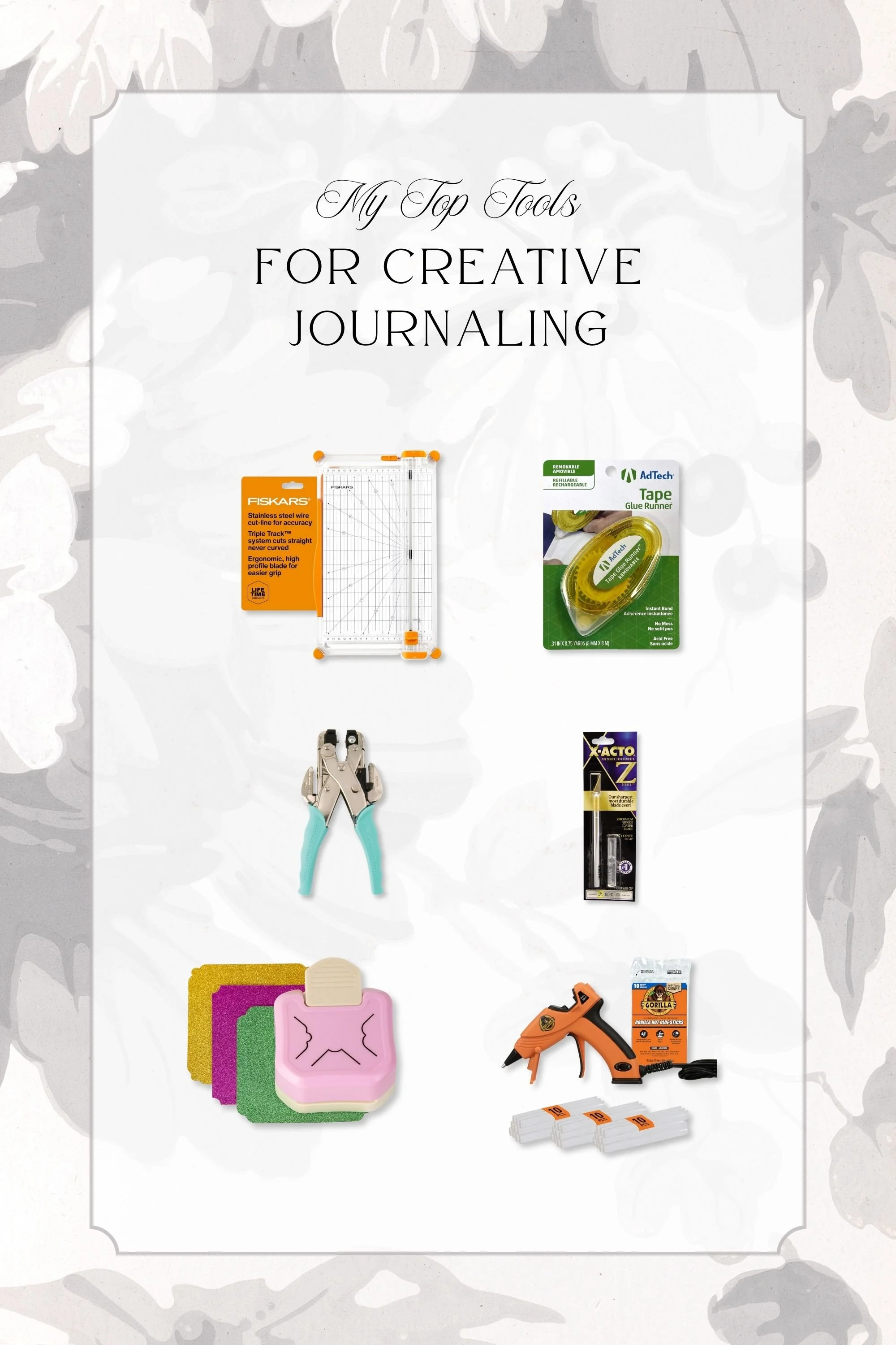 Collage of various journaling tools with the title "My Top Tools for Creative Journaling"