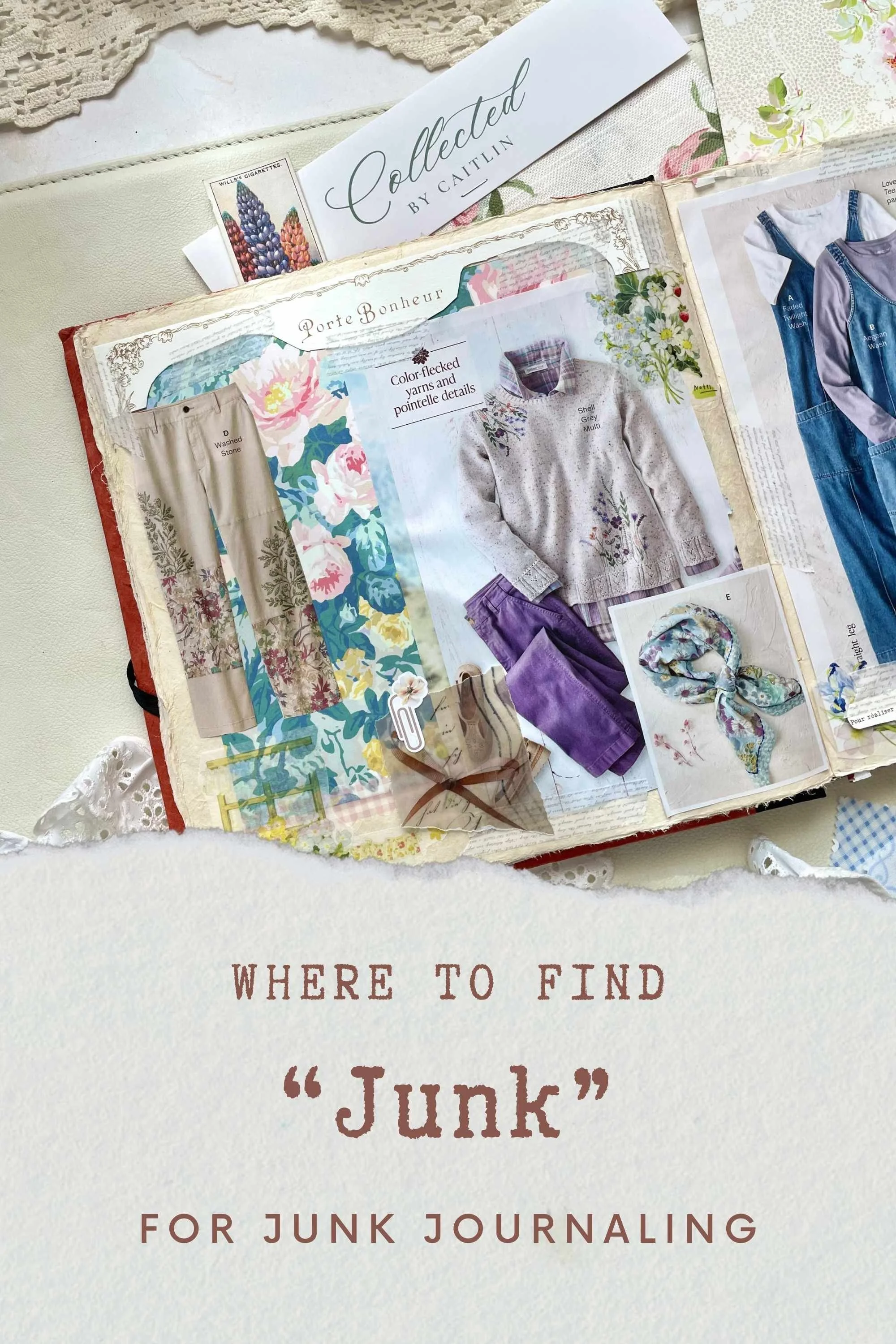 A page in a junk journal featuring clothing catalog clippings
