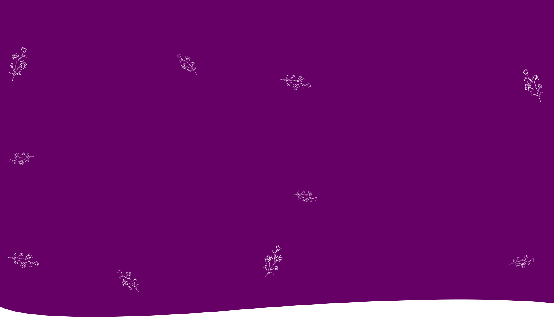 Purple background with small white floral illustrations scattered across the surface.