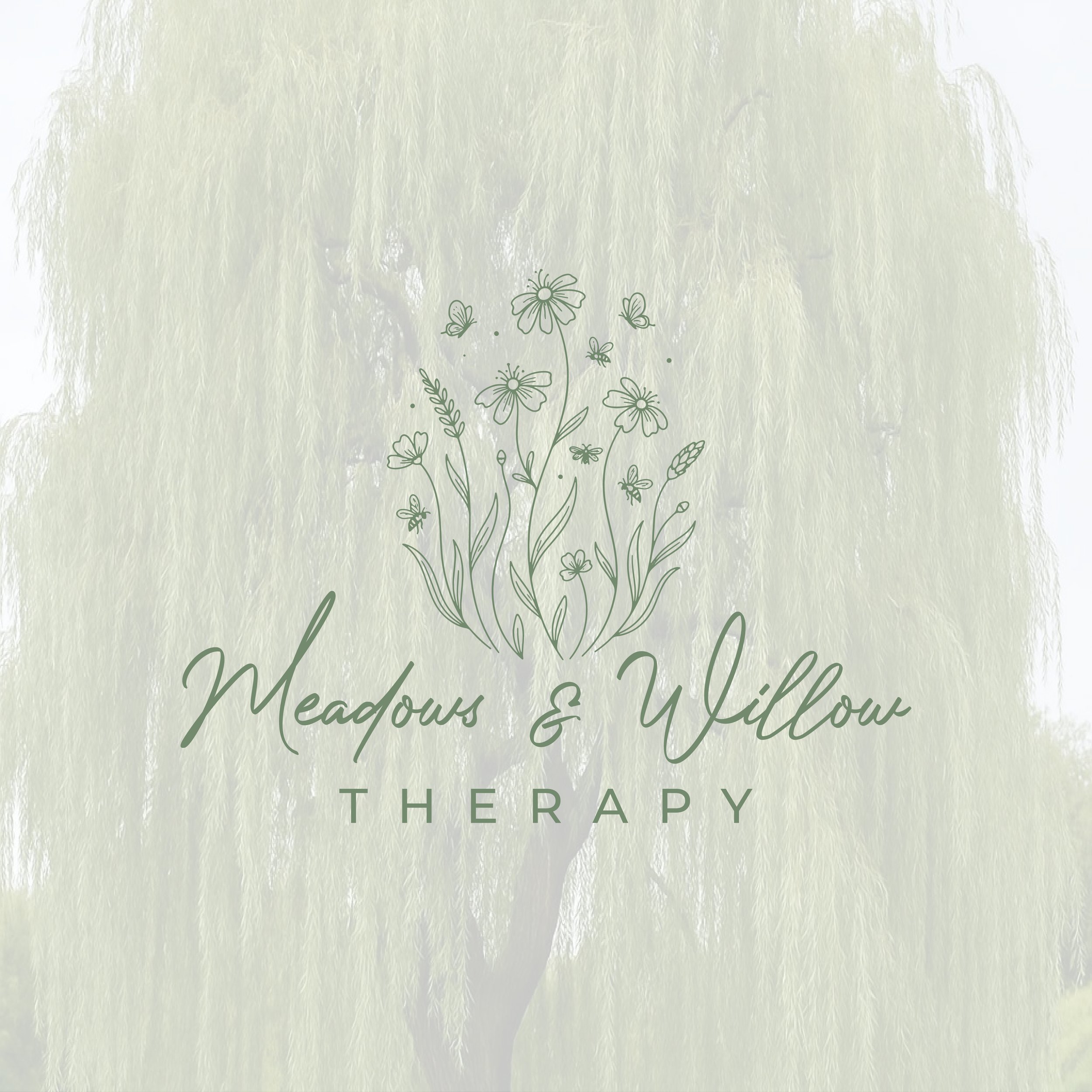 Logo for Meadows & Willow Therapy featuring a line drawing of flowers and butterflies over a soft, blurred background of a weeping willow tree.