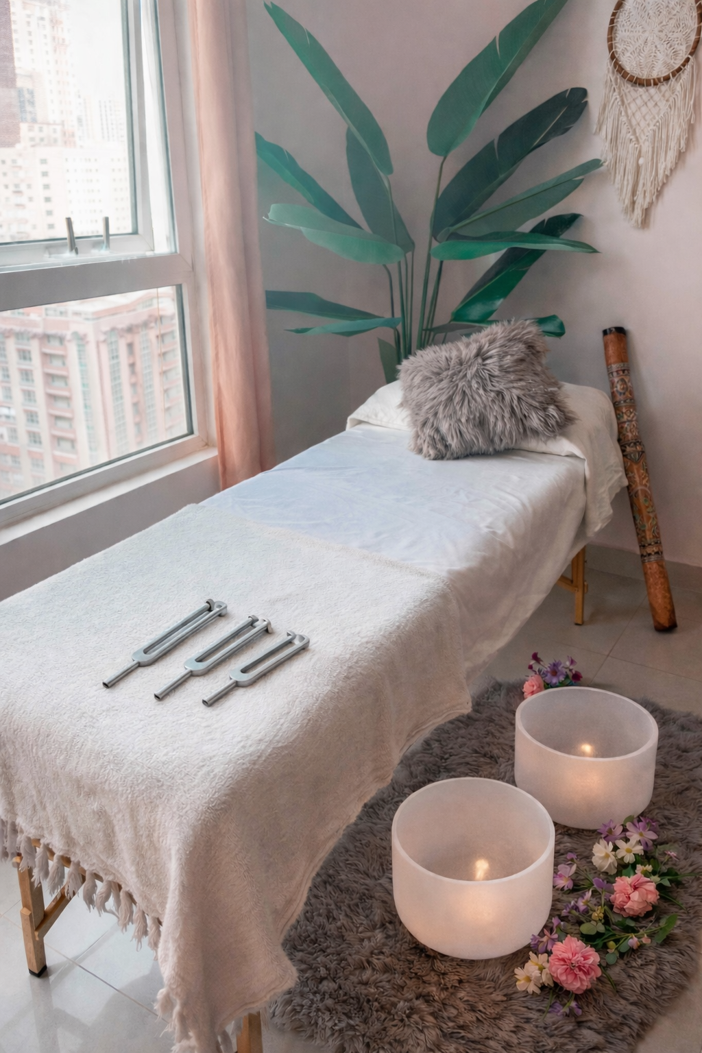 Reiki and sound healing therapy setup in Atlanta featuring massage table with tuning forks, crystal singing bowls, aromatherapy elements, and natural light wellness studio ambiance.