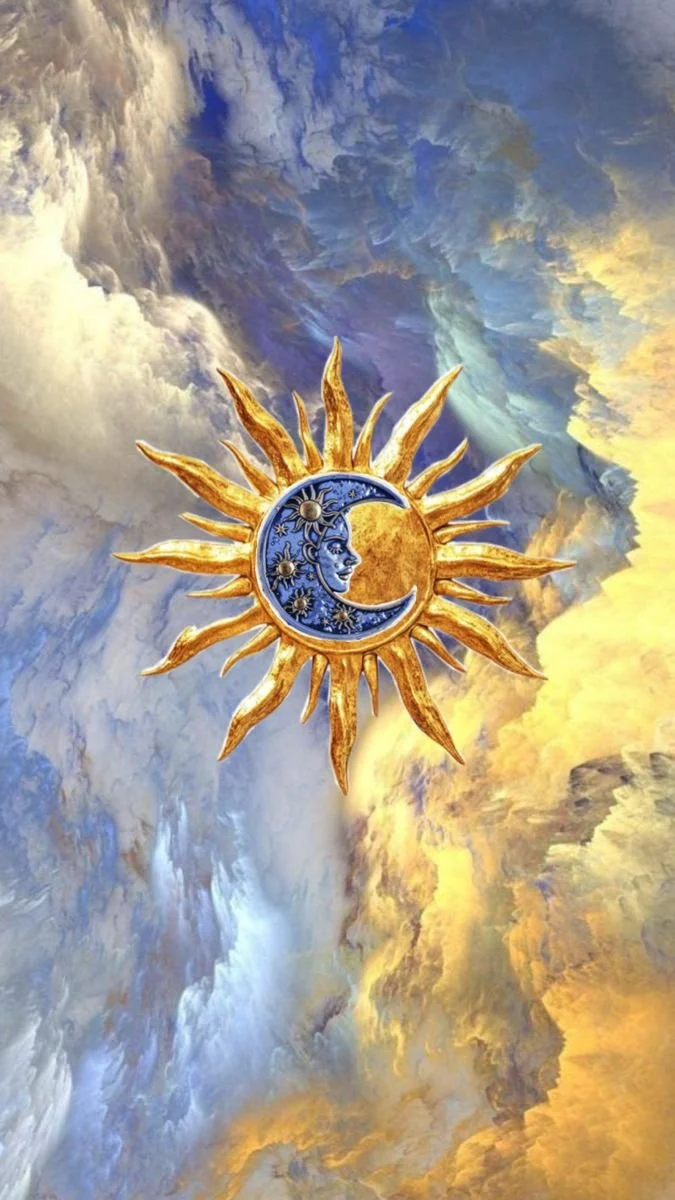 A decorative sun medallion with a moon and sun design, surrounded by clouds and a sky with warm and cool tones.