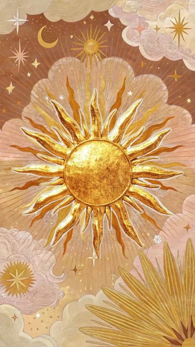 A decorative wall art featuring a large gold and yellow sun with radiating rays, surrounded by clouds, stars, a crescent moon, and celestial designs in pastel shades.