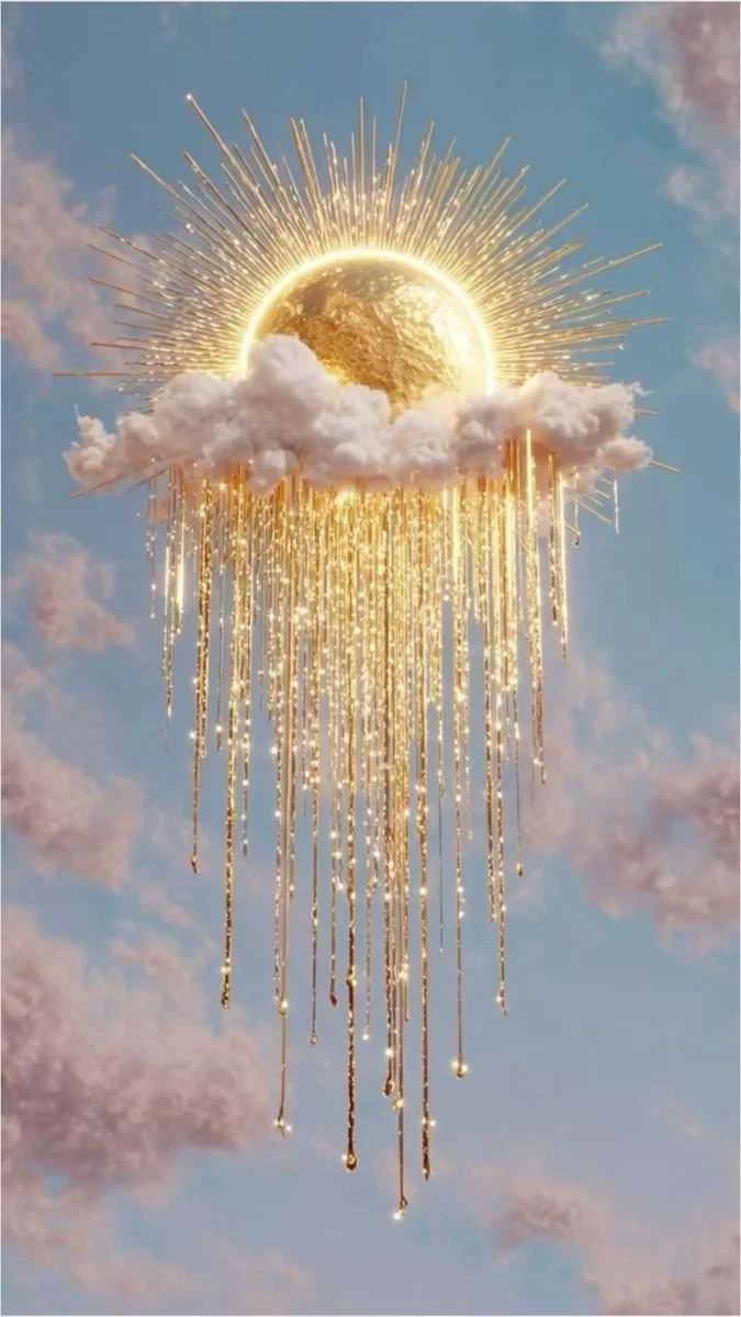 A surreal image of a glowing golden sun with sparkles radiating like rays, partially covered by a fluffy cloud, with vertical streaks of golden light hanging downward against a sky background.