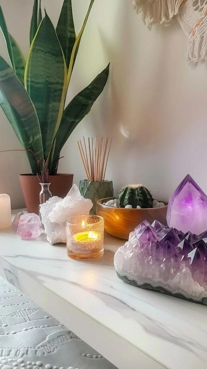 healing crystals anbd candles for intentions in a meditation room in Atlanta