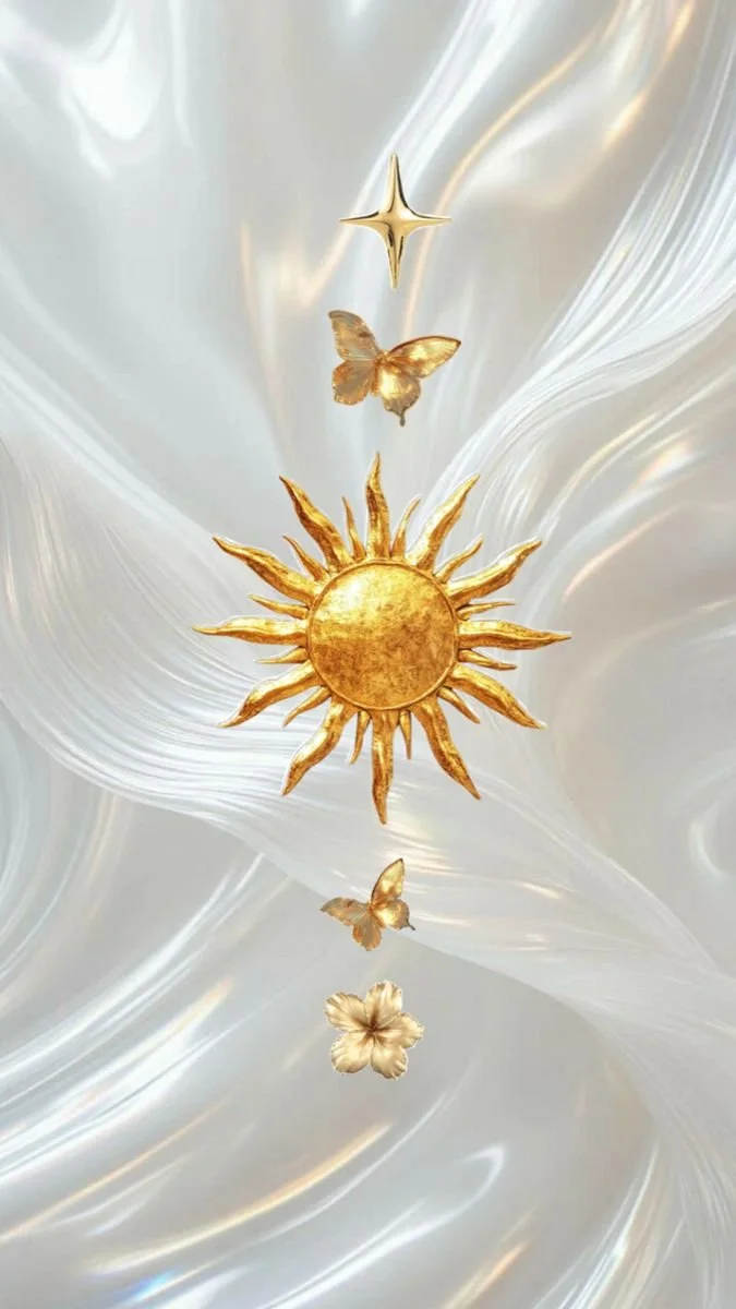 Golden sun, flower, butterflies, and star floating against a light, flowing background.