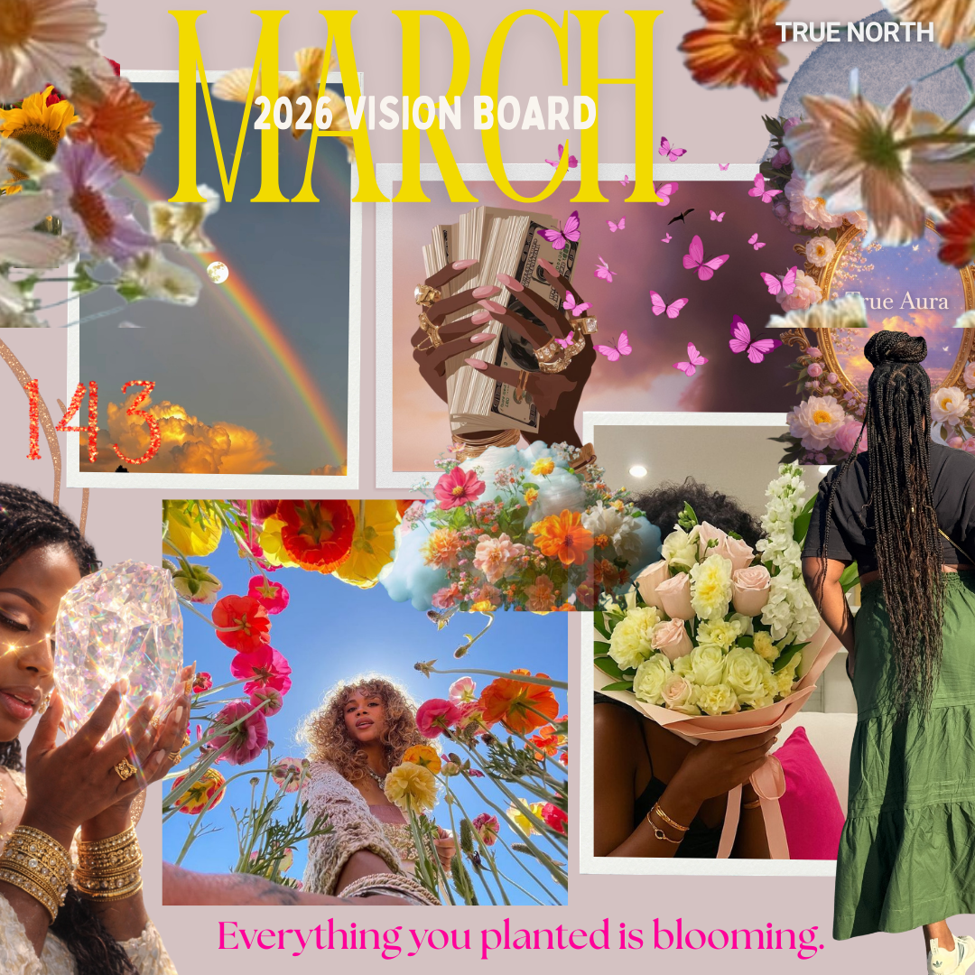 March 2026 vision board collage featuring 143 angel number, abundance imagery, blooming flowers, and spiritual manifestation aesthetic by Atlanta sound healer True North.