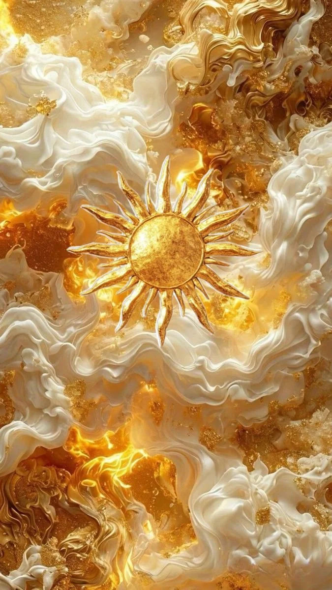 An artistic depiction of a golden sun with stylized rays, surrounded by swirling white and gold textures that resemble clouds or celestial formations.
