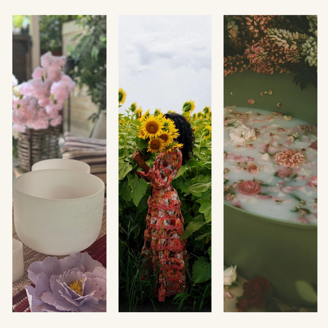 Sacred feminine ritual imagery featuring crystal singing bowl, floral milk bath, and sunflower field symbolizing abundance, healing, and spiritual awakening.