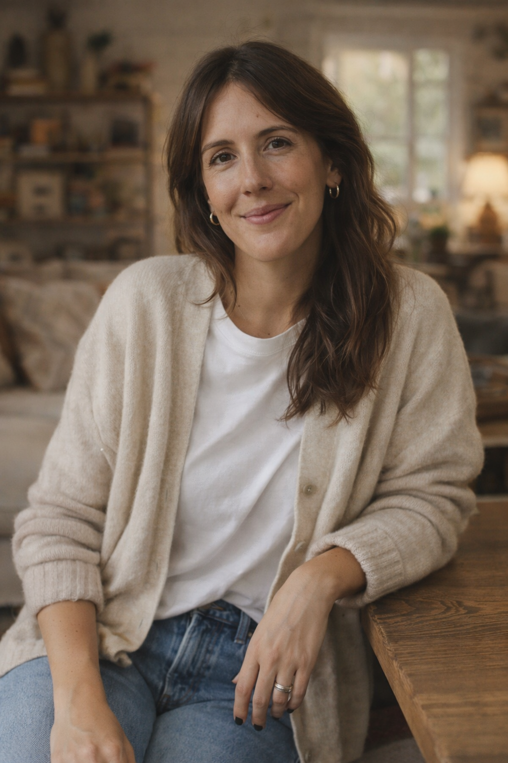A woman with long brown hair, wearing a cream cardigan and white T-shirt, sitting at a wooden table in a cozy, well-lit room with a smile.
