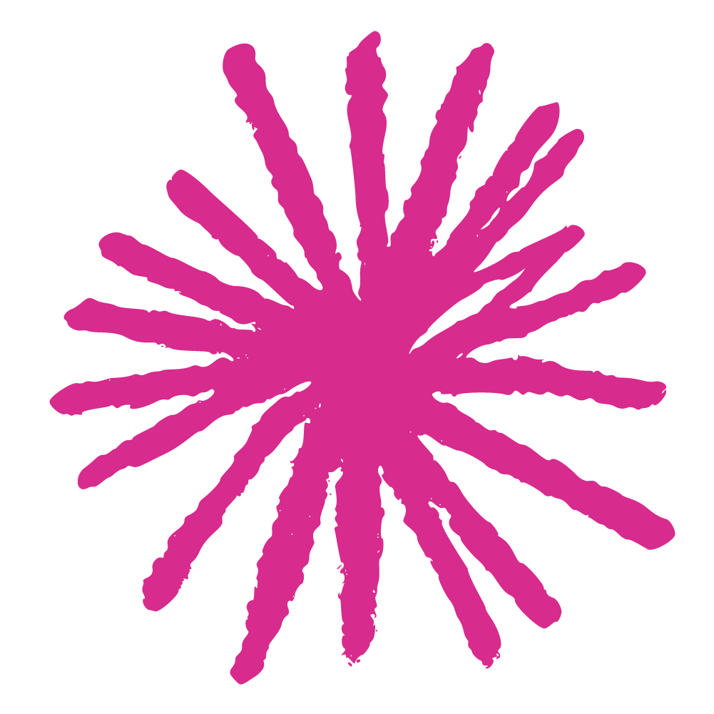 Pink starburst shape on a black background.