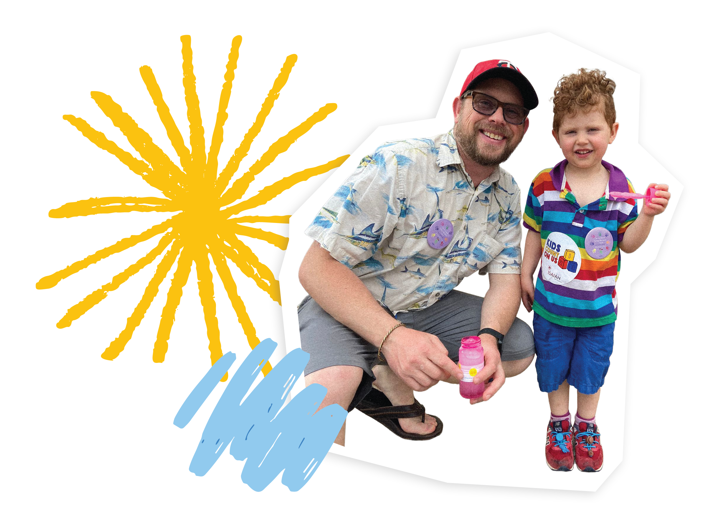 A man and a young boy smiling for a photo. The man is wearing glasses, a cap, a Hawaiian shirt, and shorts. The boy is wearing a colorful striped shirt, shorts, and sneakers, holding a bubble wand and bubble solution bottle.