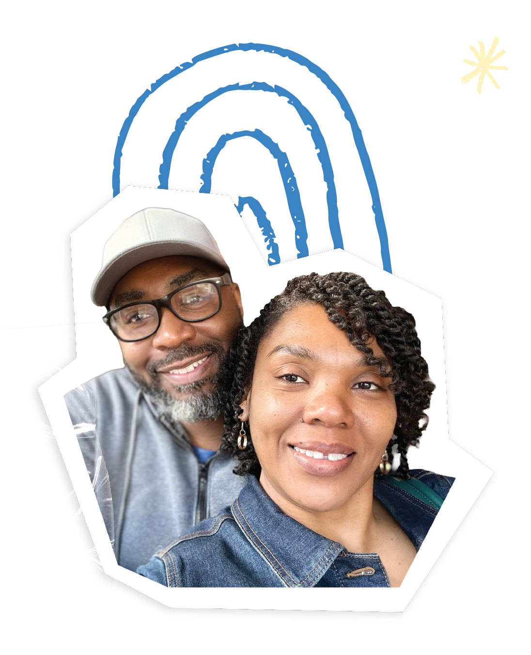A smiling man wearing glasses and a gray cap, and a smiling woman with curly hair, taking a selfie together.