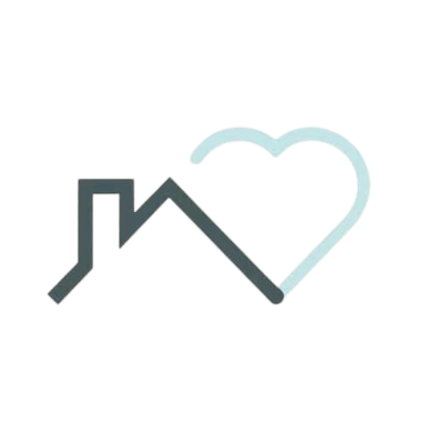 A stylized line drawing of a house connected to a heart, symbolizing home and love.
