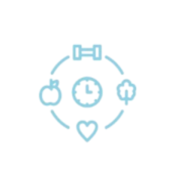 Icons representing health, science, love, and patience surrounding a central person icon.