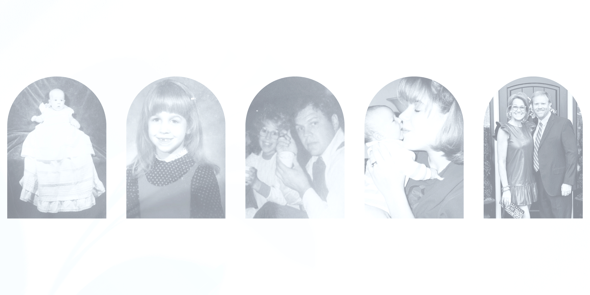 Series of five black and white family photos showing different stages: a baby girl in a dress, a young girl smiling, two teens with ice cream, a woman kissing a baby, and a woman and man in formal attire.