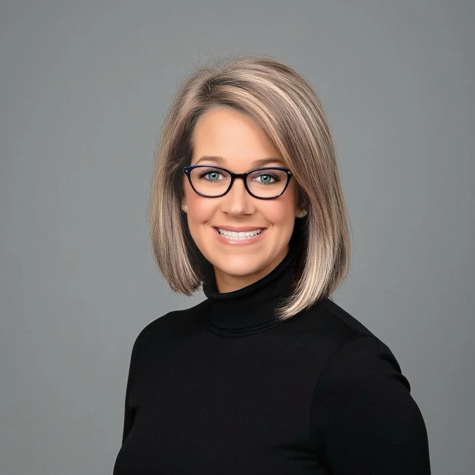 A woman with shoulder-length blonde hair, wearing black glasses and a black turtleneck, smiling against a gray background.