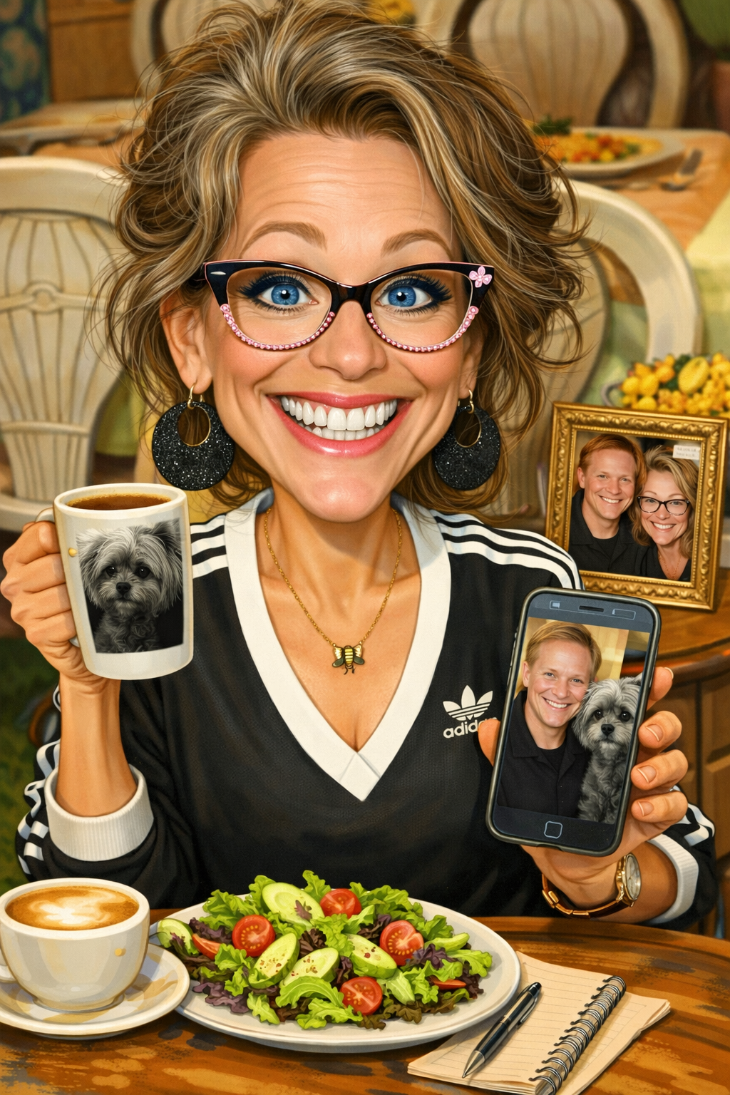 A woman with curly blonde hair, wearing glasses, earrings, and a black Adidas shirt, smiling and holding a coffee mug with a dog's face, and a smartphone displaying a photo of a man and a dog. In the background, there is a framed picture of a man and woman smiling.