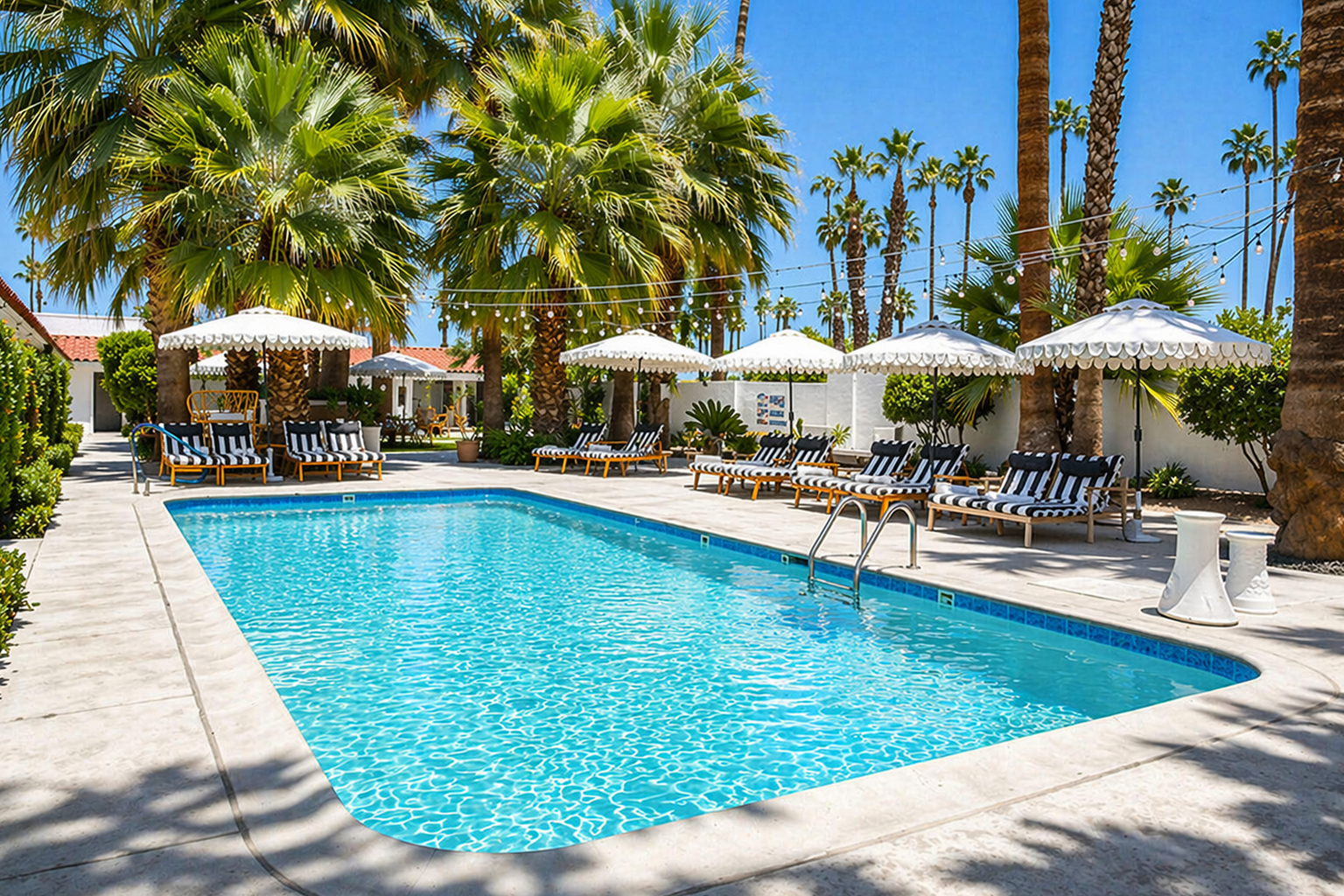 A rectangular swimming pool surrounded by palm trees, lounge chairs with black and white striped cushions, white umbrellas, and string lights against a clear blue sky.