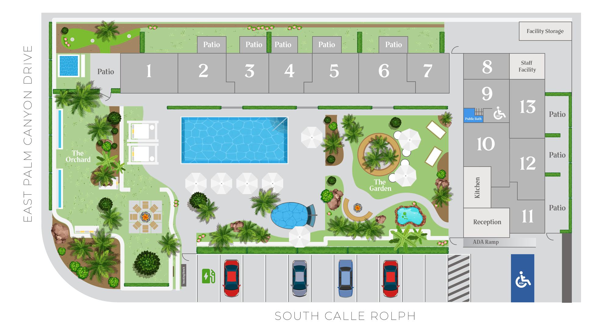 Site map of an apartment complex with a swimming pool, garden, and parking areas, labeled with building numbers and amenities.