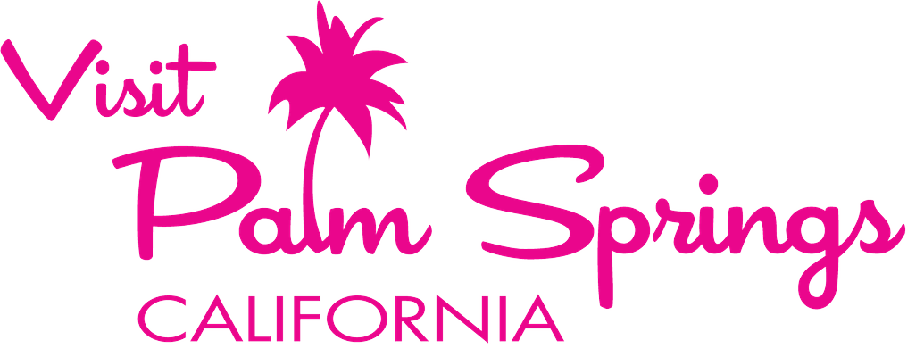 Pink and purple text promoting a visit to Palm Springs, California, with a palm tree graphic.