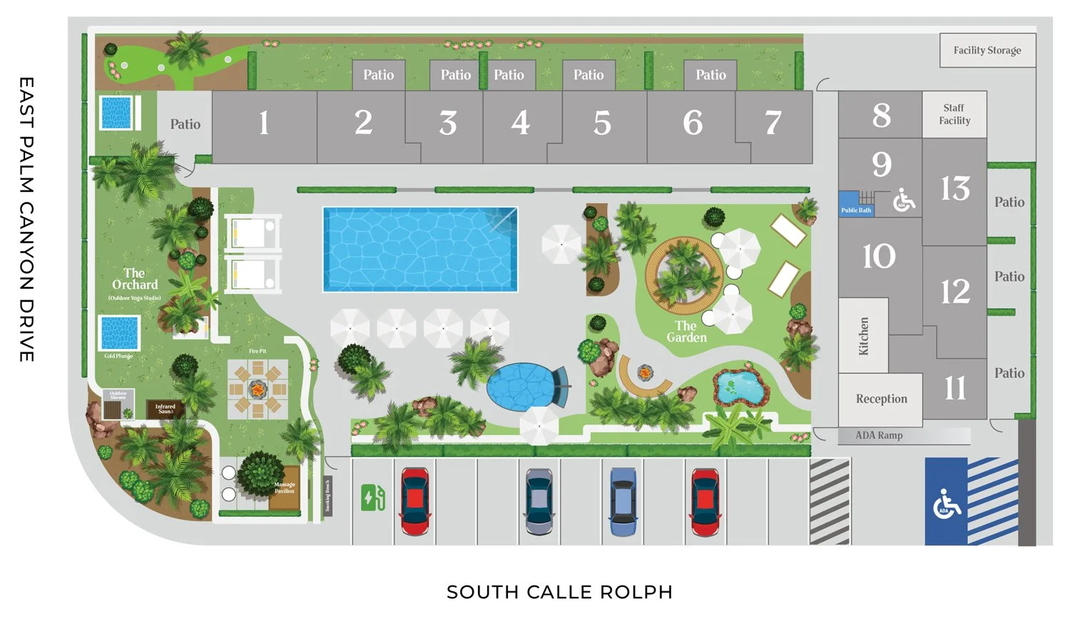 Map of an outdoor residential complex with pools, patio areas, garden, and parking spaces. Buildings include units numbered 1-13 with patios and amenities like a hot tub, fire pit, outdoor yoga studio, and sauna. Parking spaces are located along the south boundary, with designated accessible parking and a drop-off zone.
