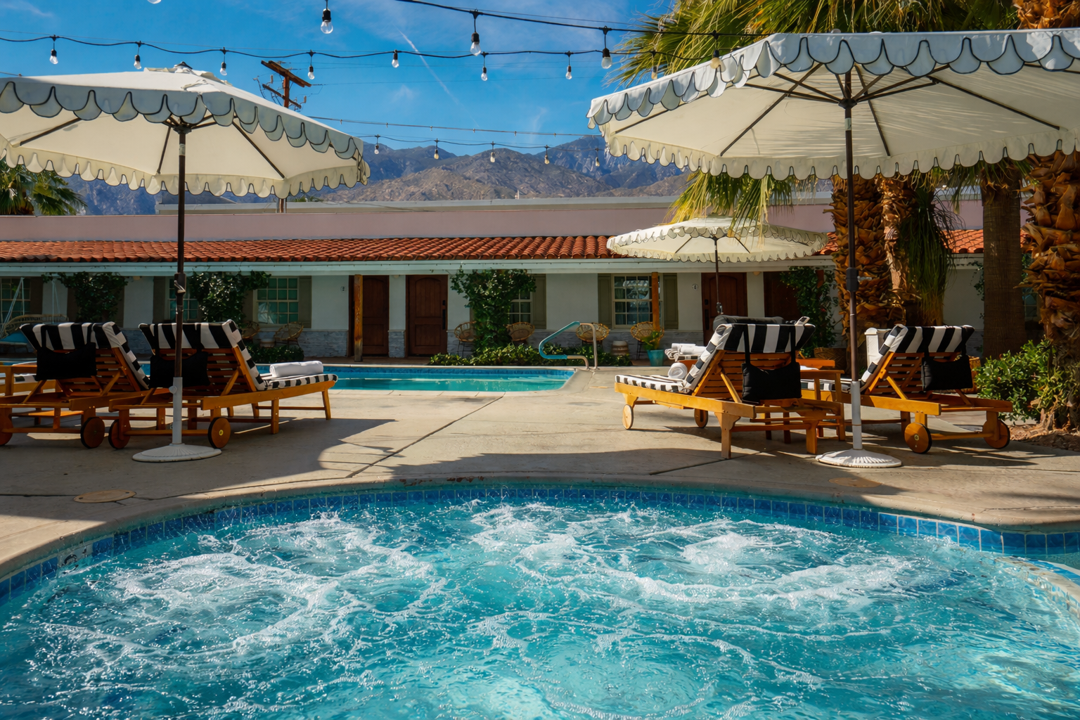 Swimming pool area with lounge chairs and umbrellas, building with white walls and red roof tiles, mountains in the background under a blue sky, string lights hanging overhead.