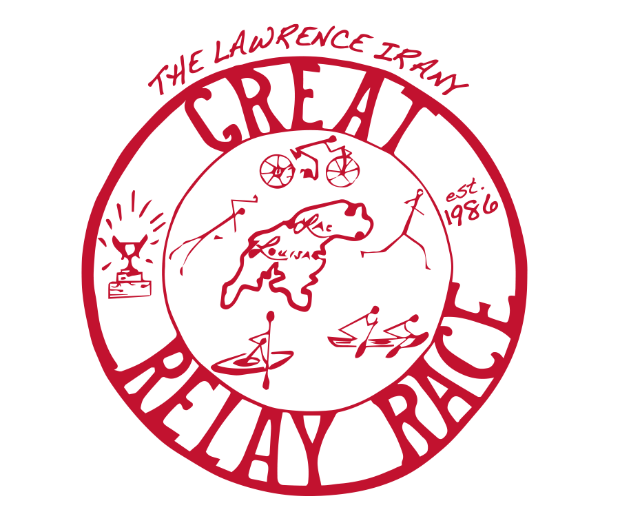 Round logo of 'The Lawrence, Indiana Great Rally' with text around the top and bottom, featuring a map of the USA with lakes, a bicycle, paddleboards, and a trophy.