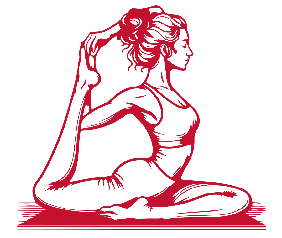 A stylized illustration of a woman practicing yoga in a seated twist pose, with her hair tied up in a bun, rendered in red and white colors.