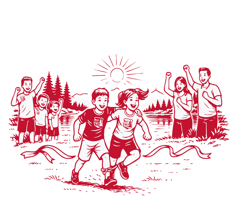 A group of children and teenagers celebrating outdoors near a lake with mountains and trees in the background, under a bright sun.