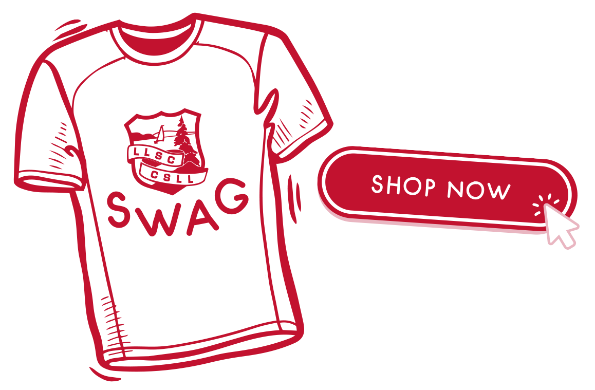 White T-shirt with a logo featuring a lake, trees, and a banner with "LLSC" and "CSII." The T-shirt has the word "SWAG" written on it and is displayed with a red "Shop Now" button with a cursor icon.